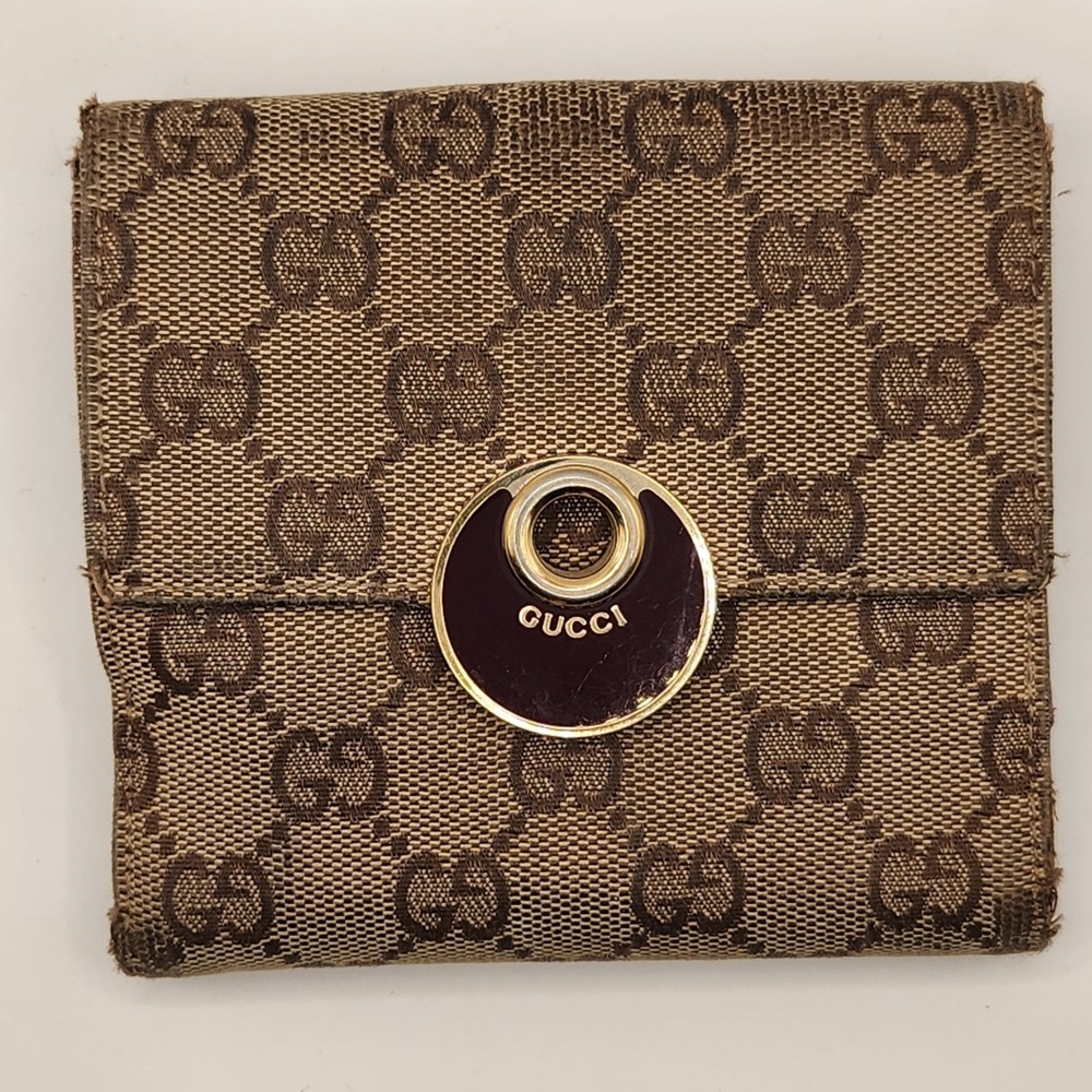 Vintage GUCCI GG Canvas Eclipse French Flap Wallet Burgundy Red Leather Trim